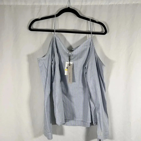 New Calvin Klein Jeans Blouse Women Medium Blue Striped Cold Shoulder Long Sleev - Picture 4 of 8